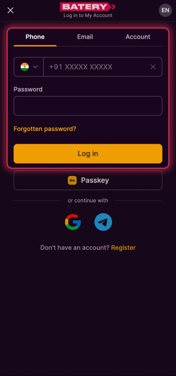 Sign in on this website to start your Batery deposit.