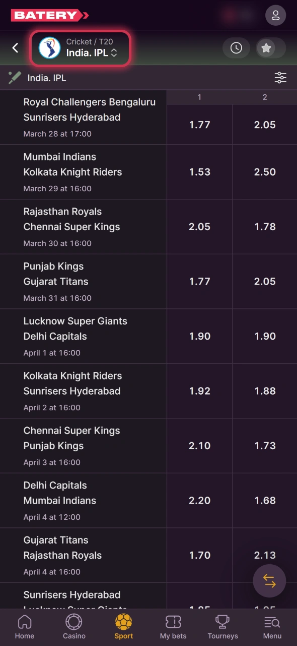 Go to cricket IPL 2026 section to choose match to bet on at Batery sportsbook.