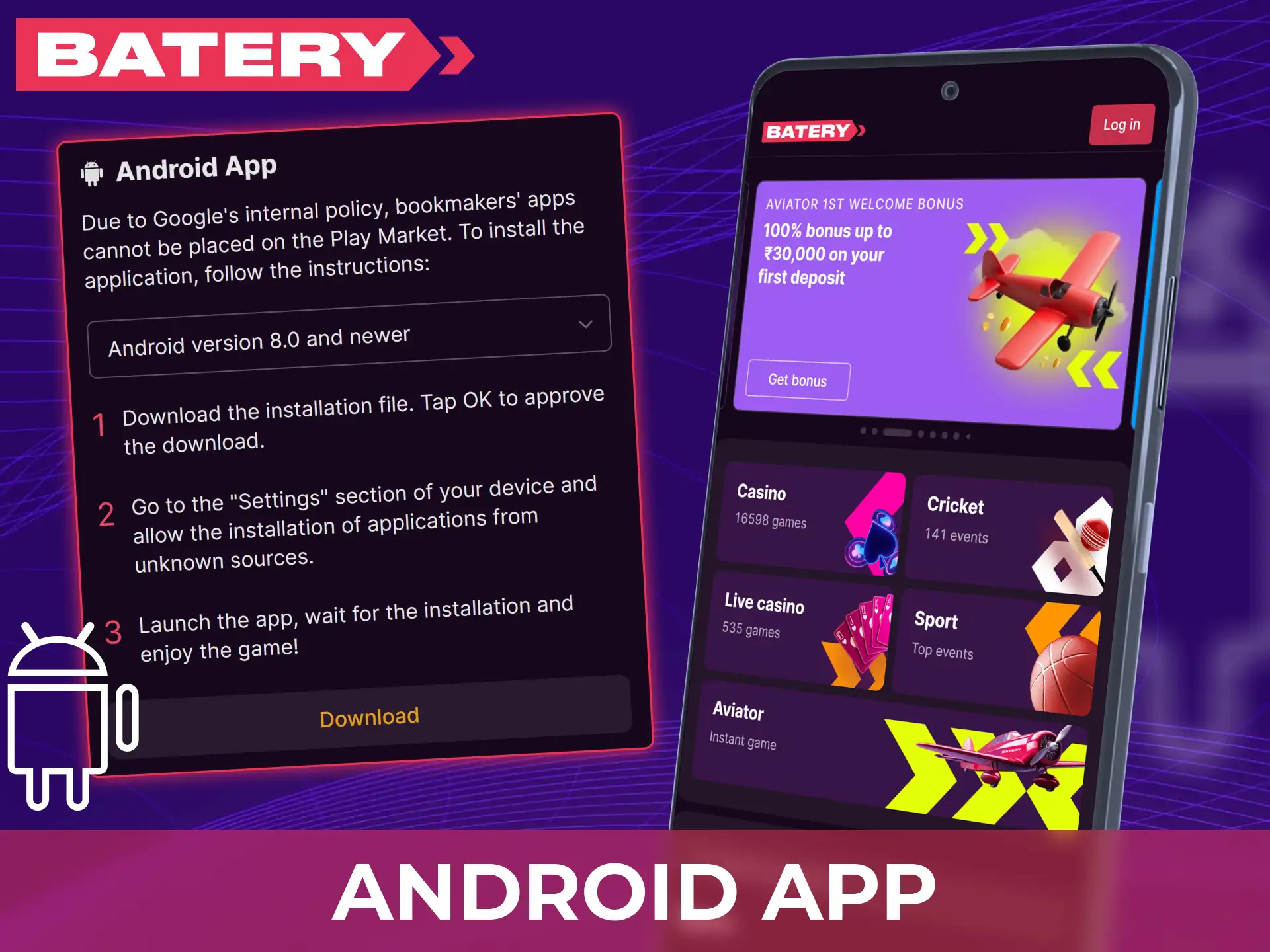 Download and install the Baterybet Android app in India for quick access to casino and sports betting.