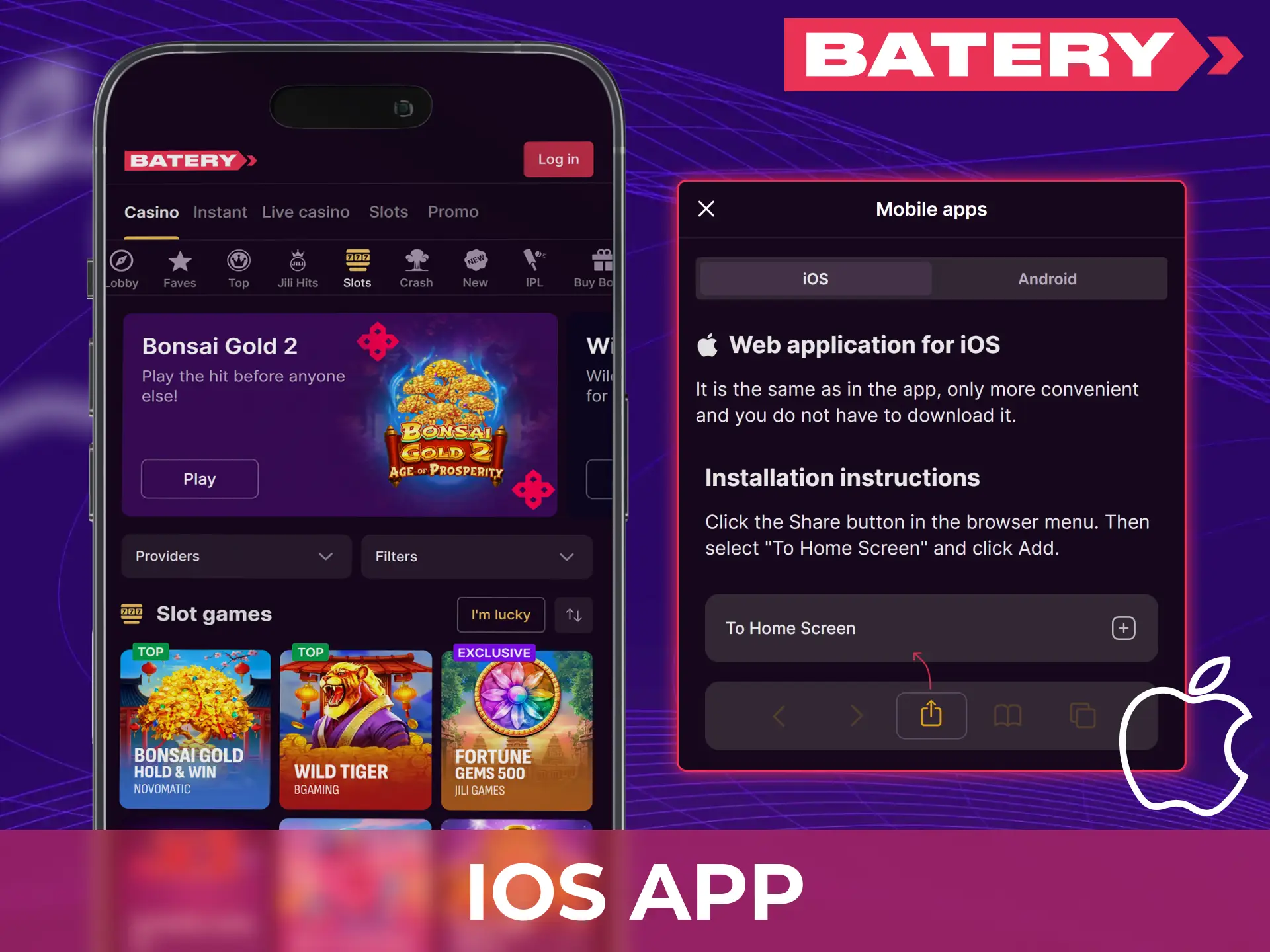 Install Baterybet on iOS using the PWA for fast access to casino and sports betting on iPhone or iPad.
