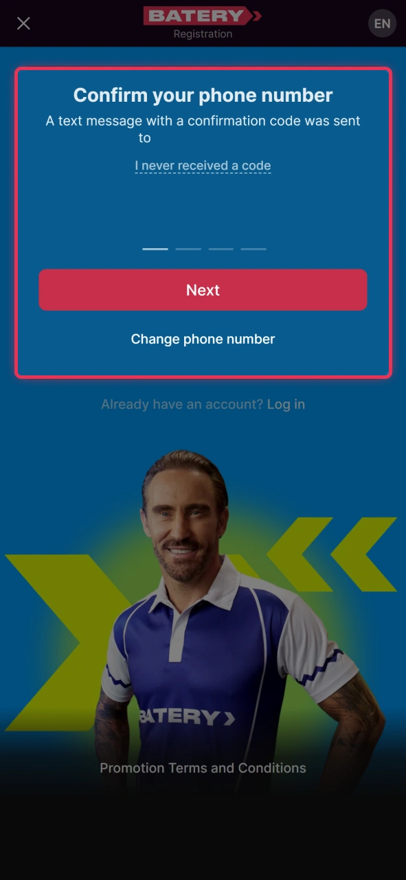 Enter OTP from SMS or email to complete registration and log into the Batery account.