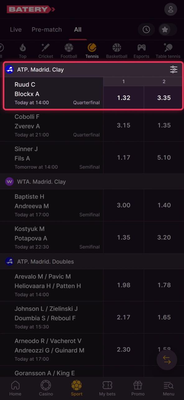 Select tennis match you want to bet at Batery.