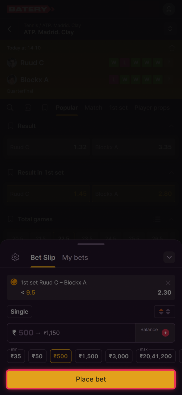 Finish your tennis bet and wait for win at Batery sports.
