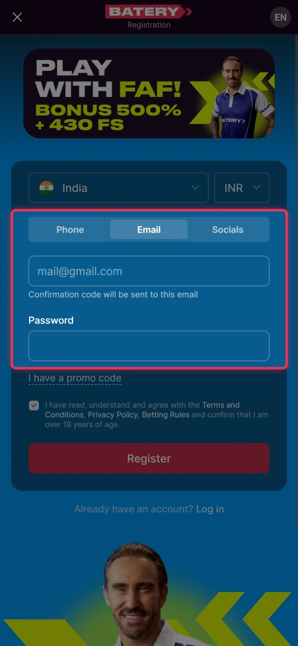 Create Batery account to start betting on tennis.